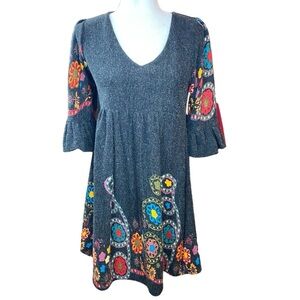 Dily Sweater Dress Womens Medium Half Sleeve Dark Gray Bright‎ Floral Medallion